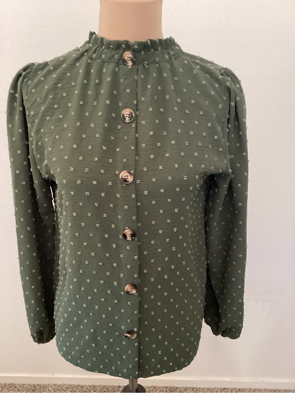 SHEIN Olive Green Swiss Dot Button-Up Blouse